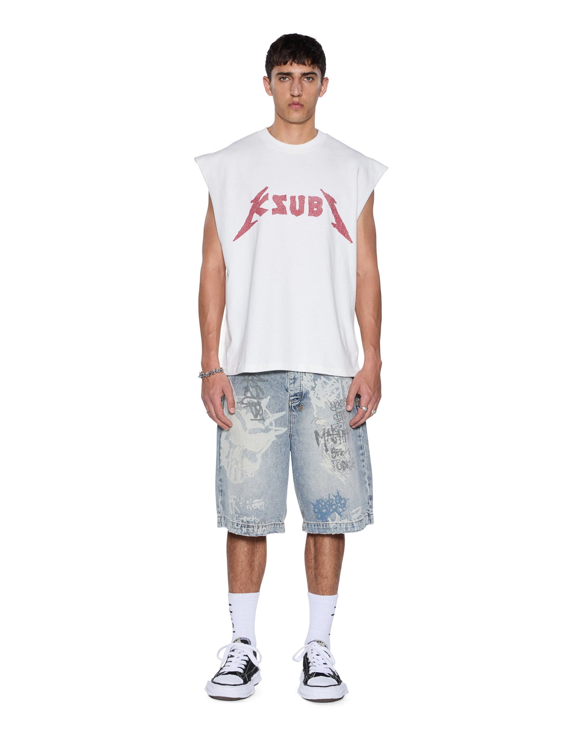LINE UP EKCESS CUT OFF TEE WHITE/RED