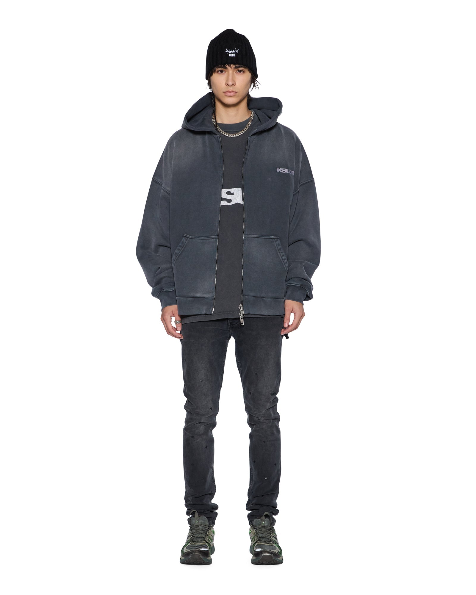 MENS  ACE EKCESS ZIP THRU HOODIE BLACK FADE OVERSIZED FLEECE