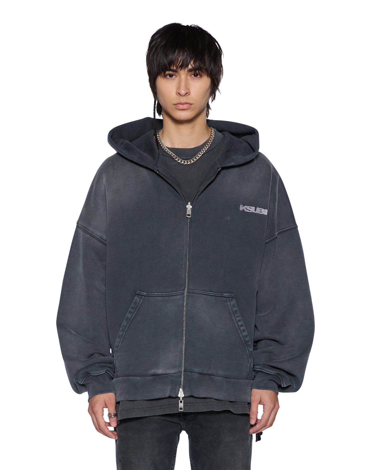 MENS  ACE EKCESS ZIP THRU HOODIE BLACK FADE OVERSIZED FLEECE