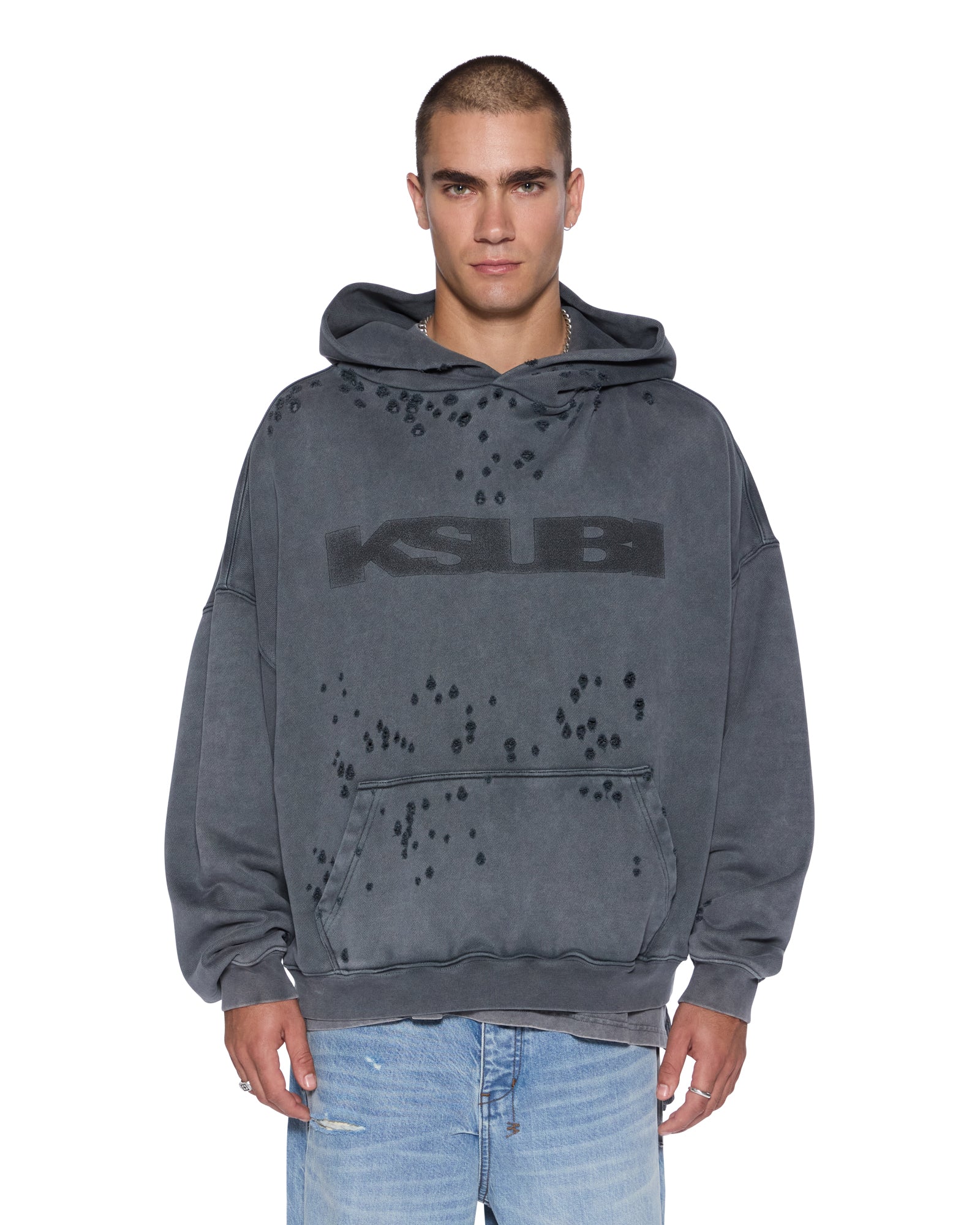 MENS  BLASTED EKCESS HOODIE RHINO OVERSIZED FLEECE
