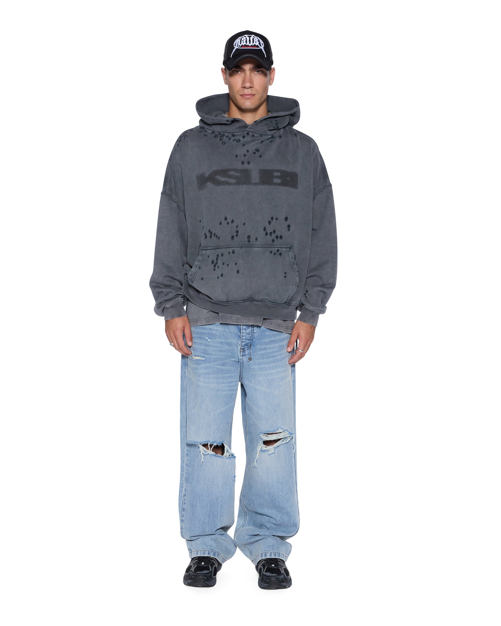 MENS  BLASTED EKCESS HOODIE RHINO OVERSIZED FLEECE
