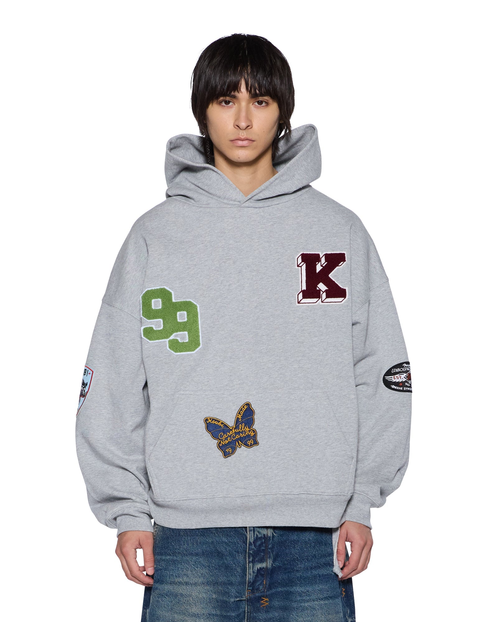 MENS  PATCHED EKCESS HOODIE GREY MARLE OVERSIZED FLEECE
