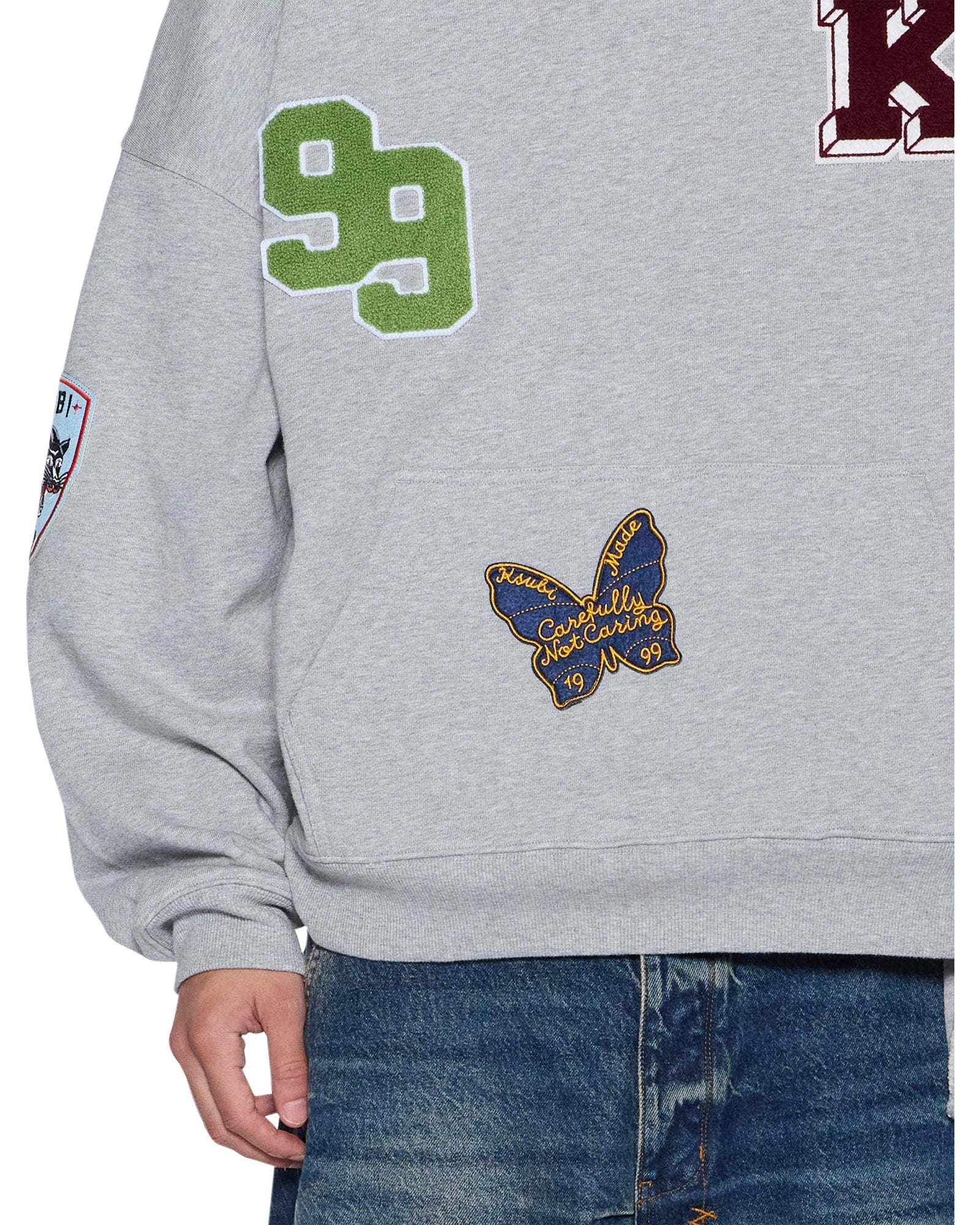 MENS  PATCHED EKCESS HOODIE GREY MARLE OVERSIZED FLEECE