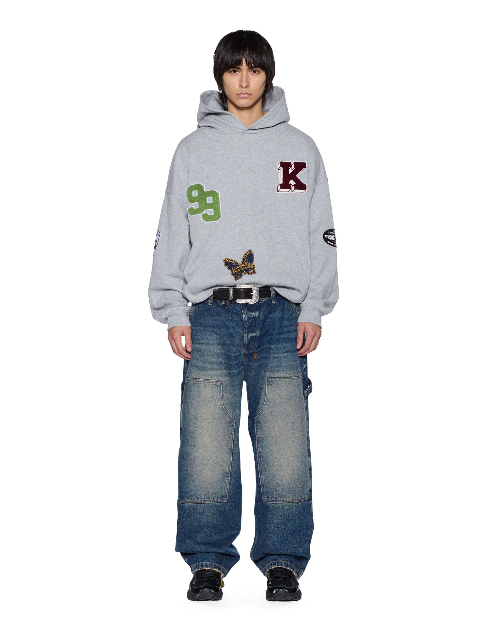 MENS  PATCHED EKCESS HOODIE GREY MARLE OVERSIZED FLEECE