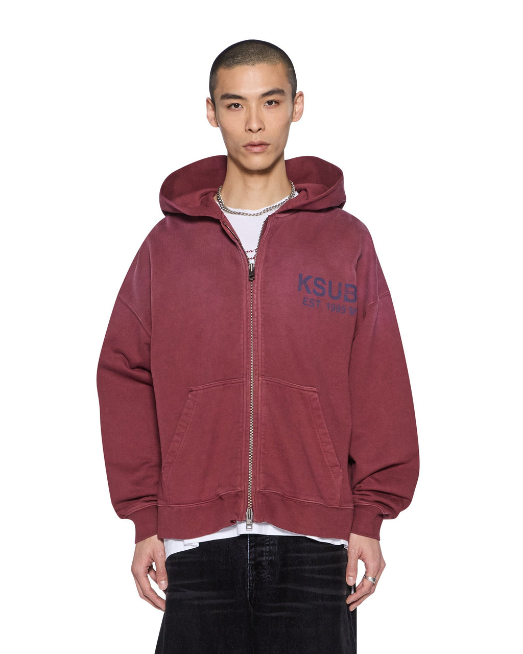 Mens State Ekcess Zip Hoodie Ox Fade Oversized Fleece - Burgundy