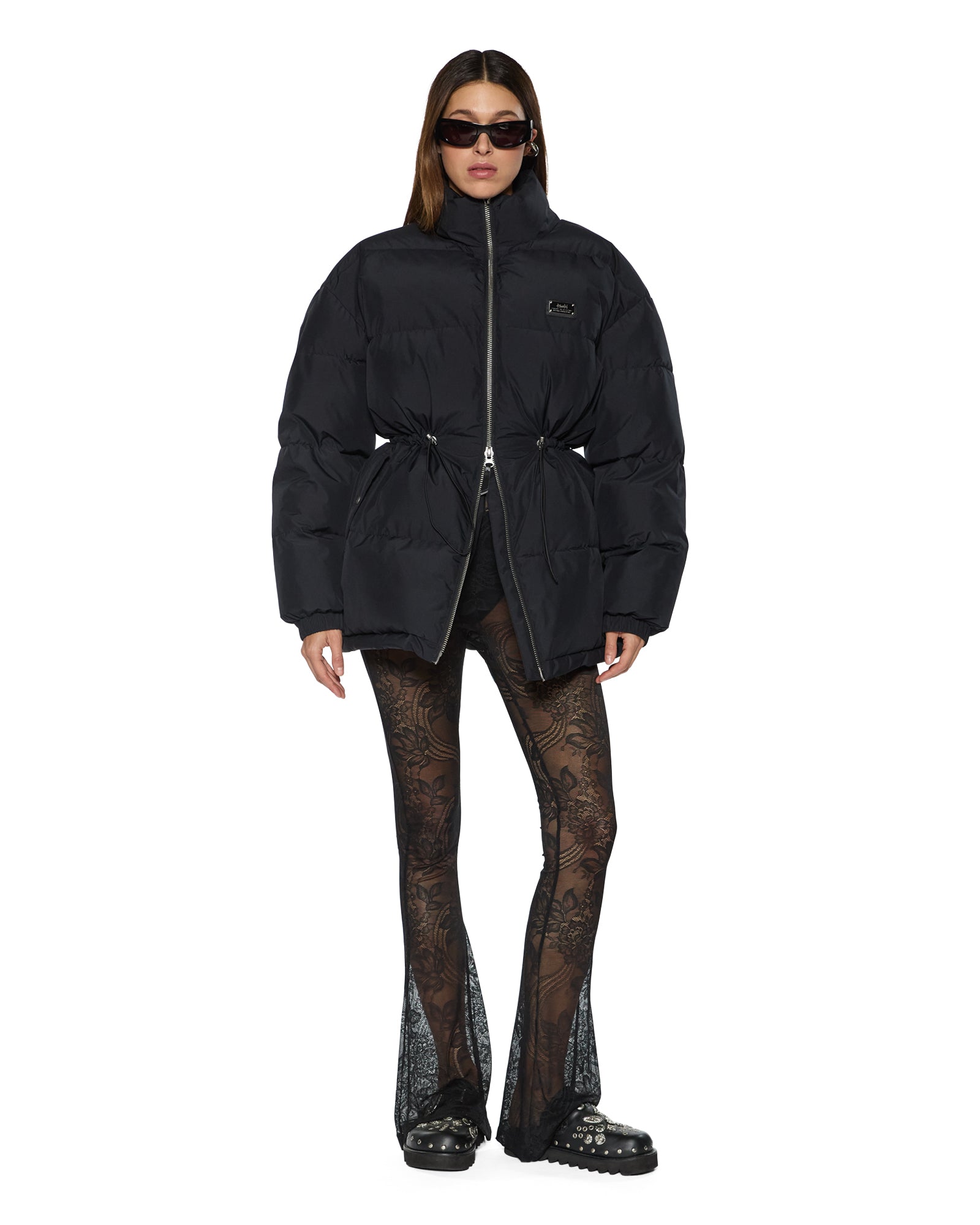 WOMENS  CINCHED PUFFER BLACK REGULAR JACKETS