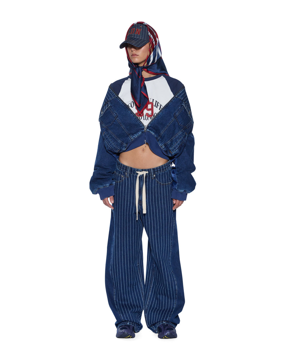 WOMENS DISTRICT BOMBER MAYFAIR BLUE SPLICED OVERSIZED JACKETS
