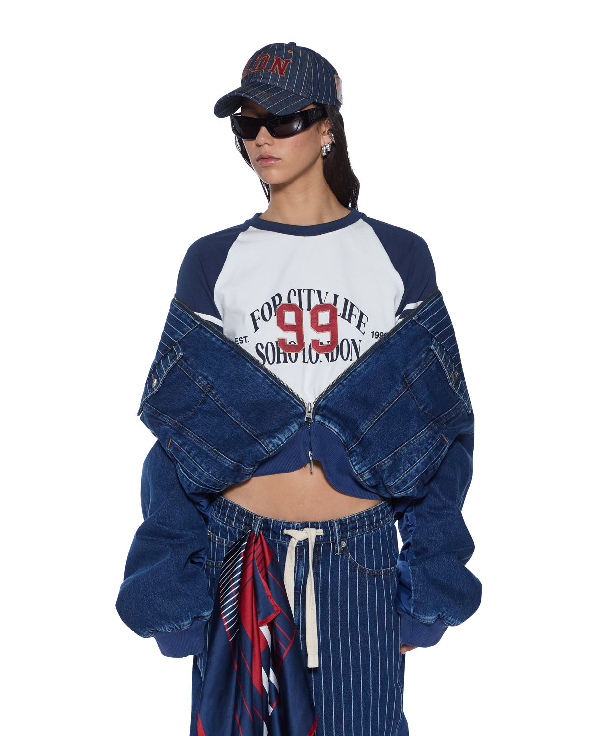 Womens District Bomber Mayfair Blue Spliced Oversized Jackets - Denim