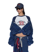 Womens District Bomber Mayfair Blue Spliced Oversized Jackets - Denim