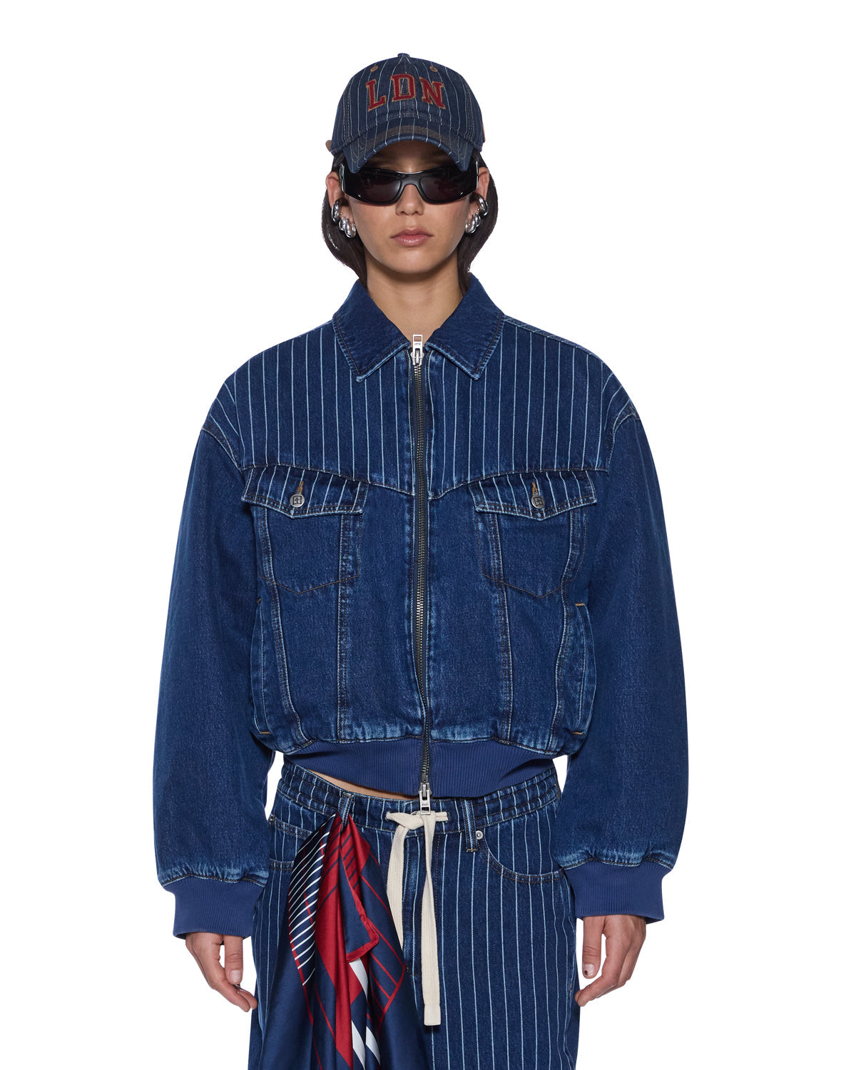 WOMENS DISTRICT BOMBER MAYFAIR BLUE SPLICED OVERSIZED JACKETS