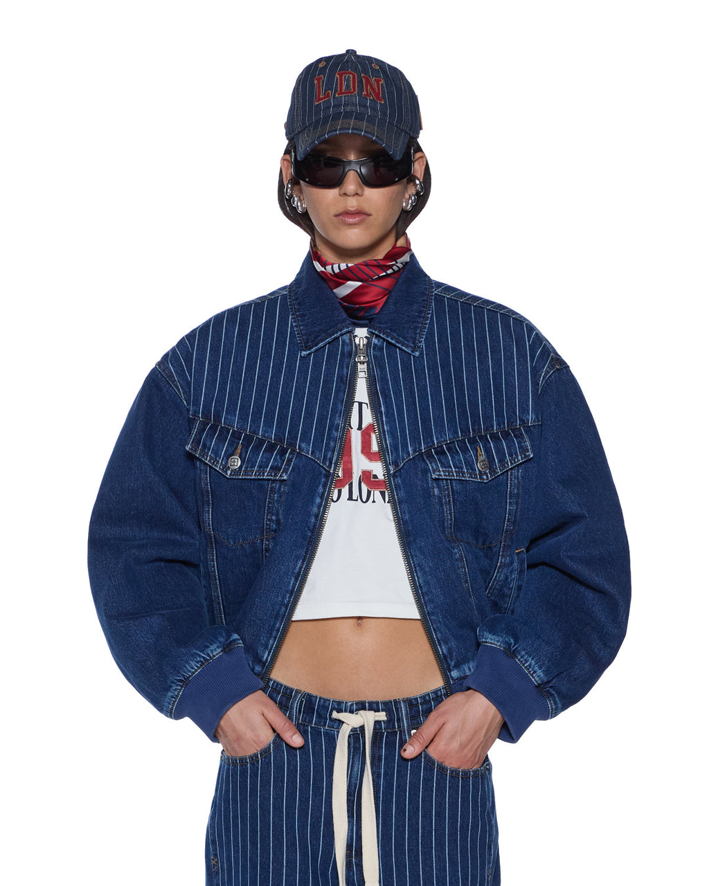 Womens District Bomber Mayfair Blue Spliced Oversized Jackets - Denim
