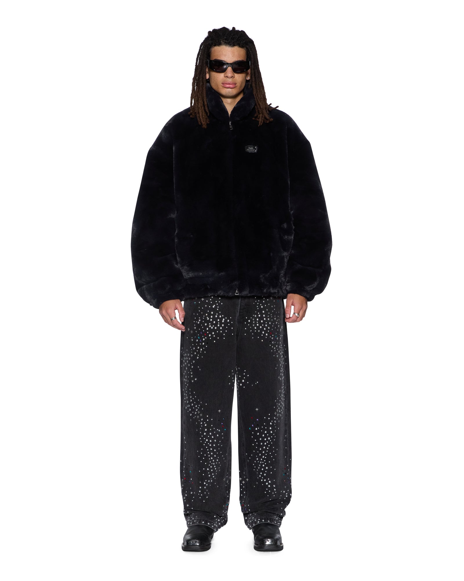 MENS HUSSLE FAUX FUR JACKET BLACK REGULAR JACKETS