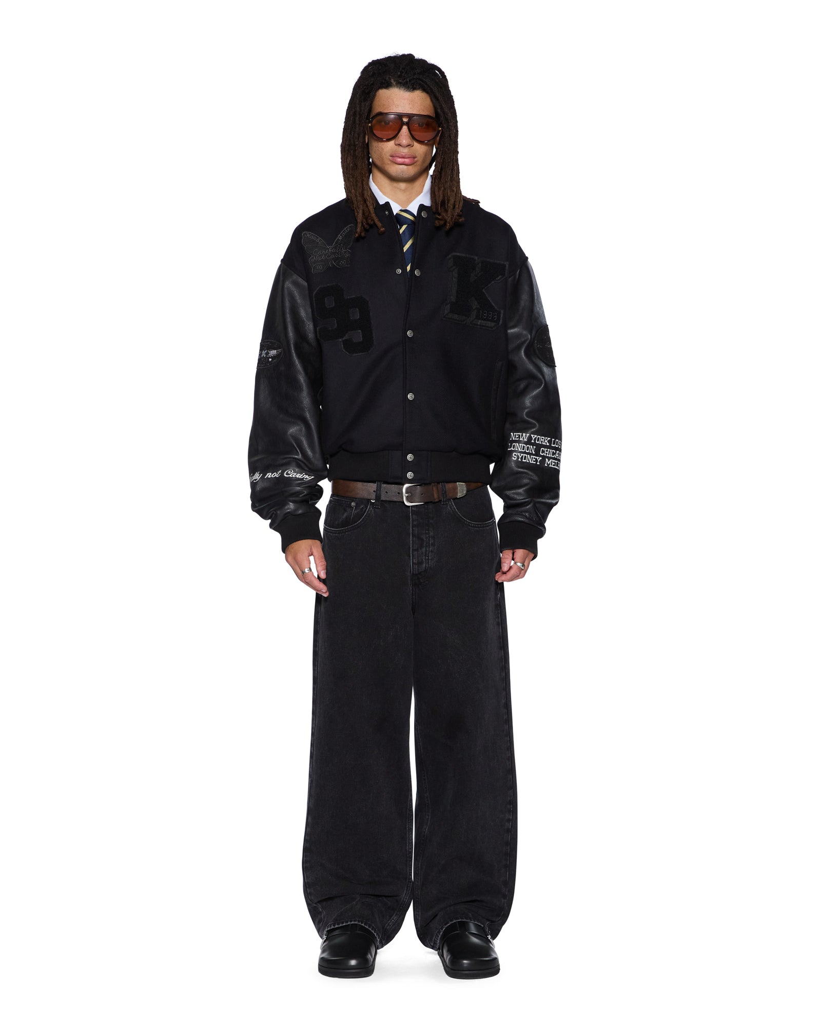 MENS  PATCHED VARSITY JACKET BLACK REGULAR JACKETS