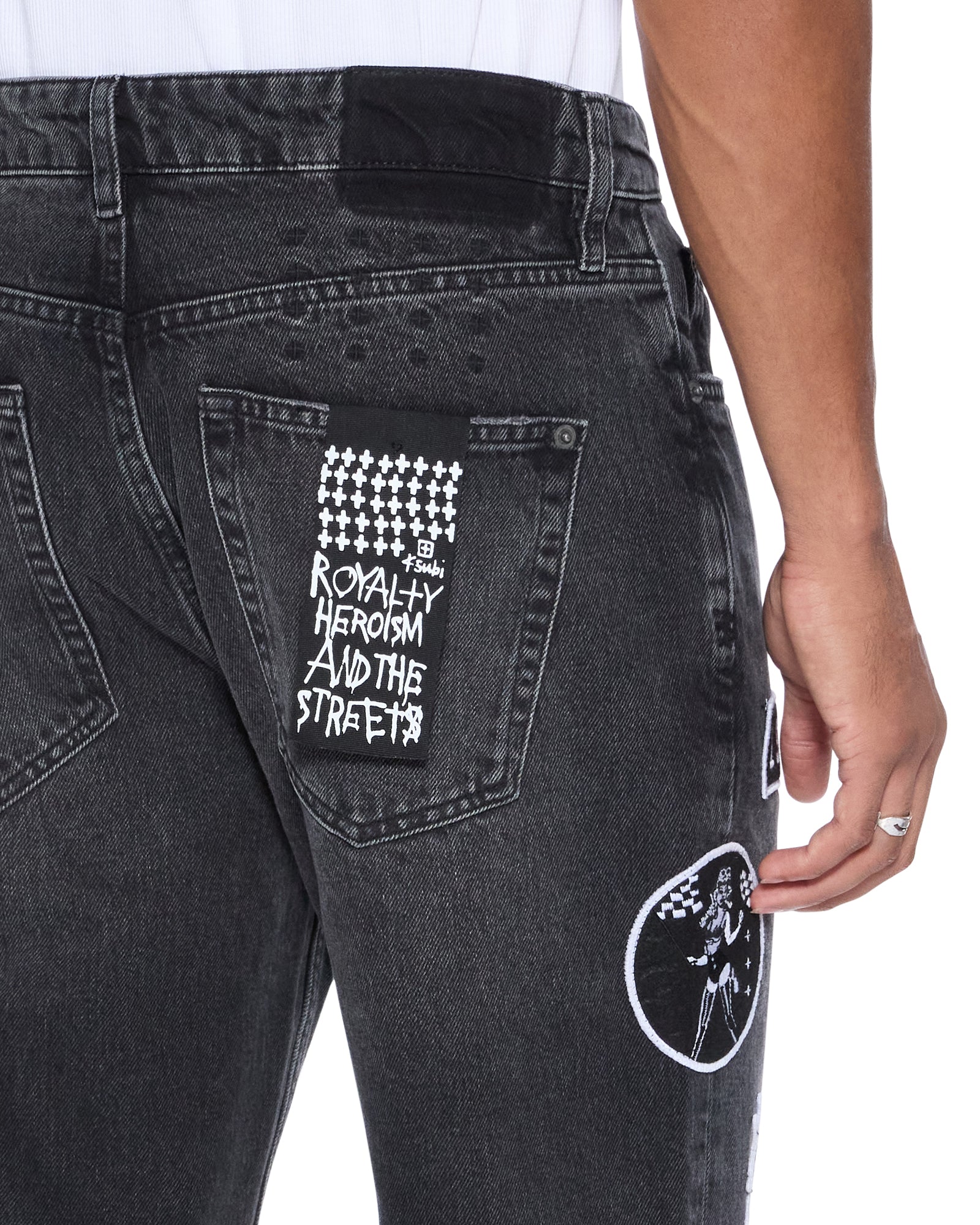 MENS  BRONKO ROADHOUSE BLACK PATCHED BOOTCUT DENIM JEANS