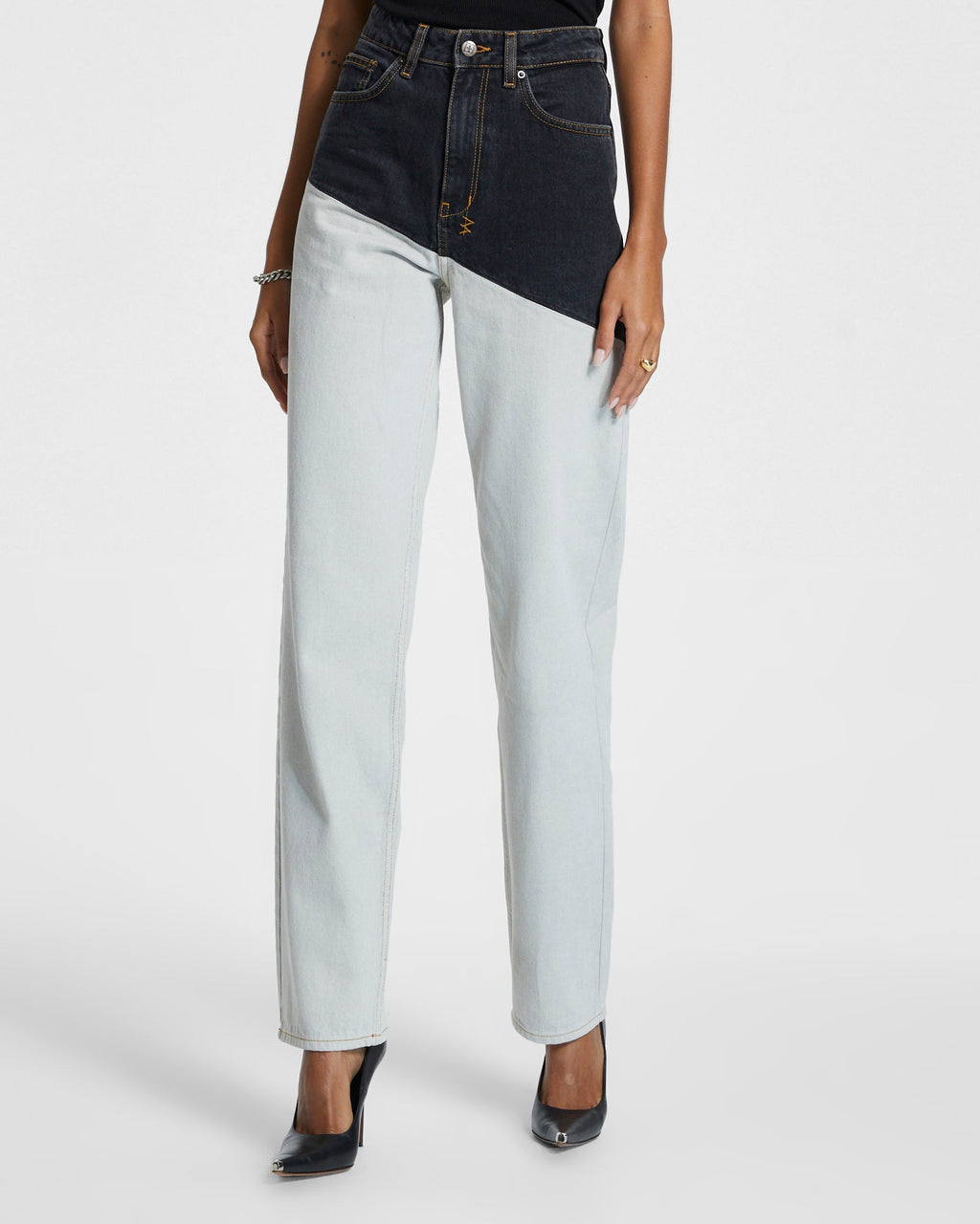 Womens Playback Black/bone Spliced Straight Denim Jeans - Multi Colour