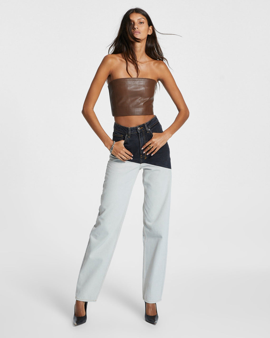 Womens Playback Black/bone Spliced Straight Denim Jeans - Multi Colour