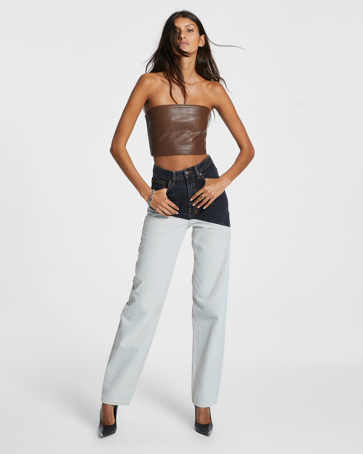 Womens Playback Black/bone Spliced Straight Denim Jeans - Multi Colour