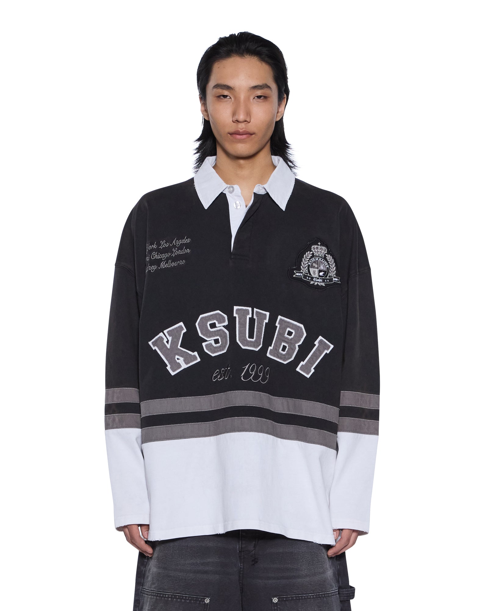 MENS  DUKE RUGBY LS JERSEY BLACK OVERSIZED FASHION TOPS