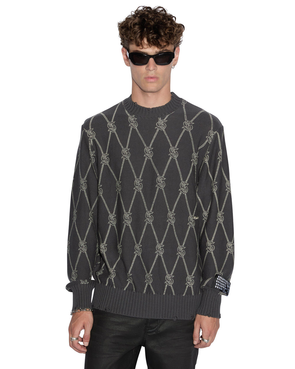 Mens Diamond Dollar Knit Crew Grey Regular Knitwear - Grey