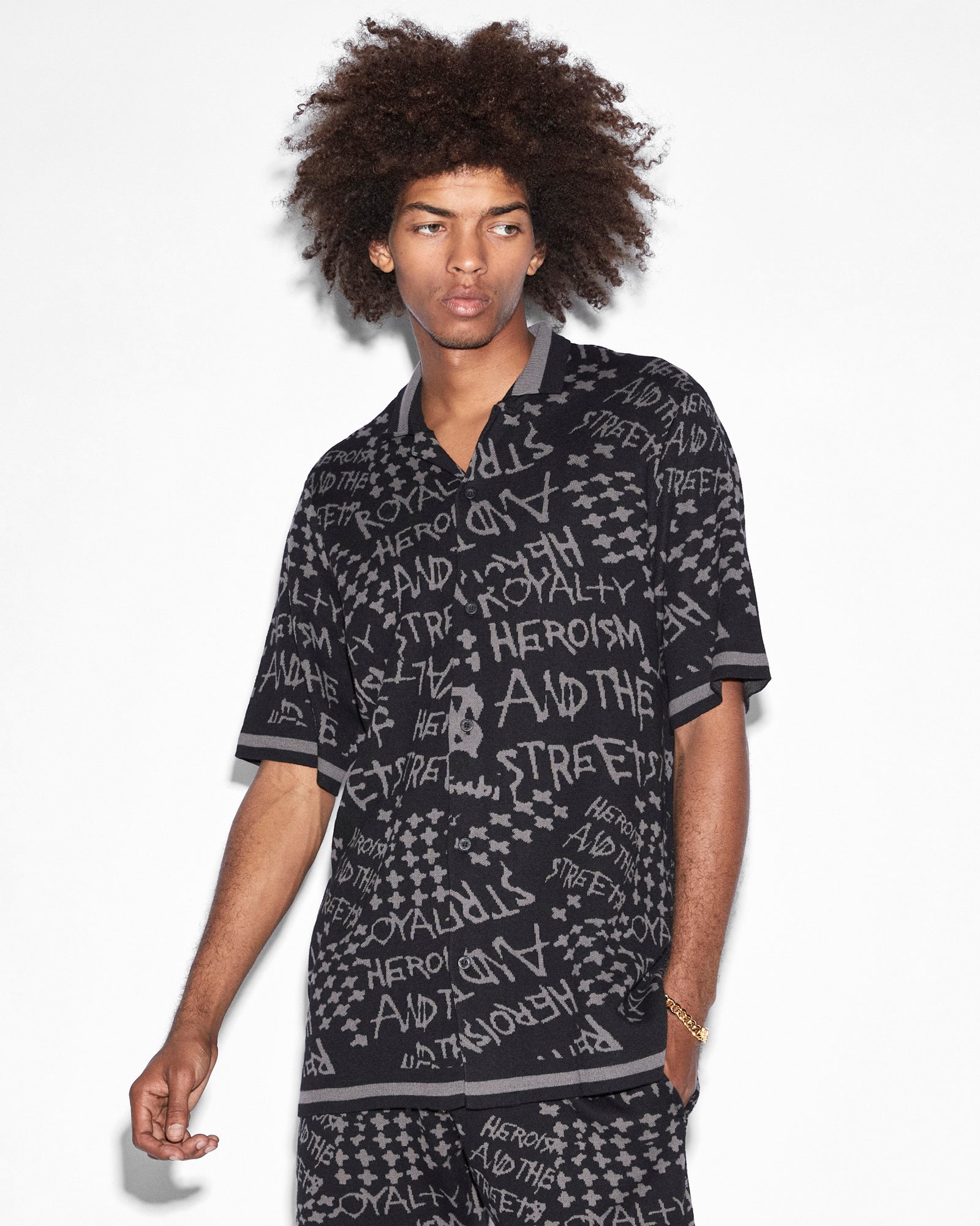 MENS  HEROISM KNIT RESORT SS SHIRT BLACK REGULAR SHIRTS