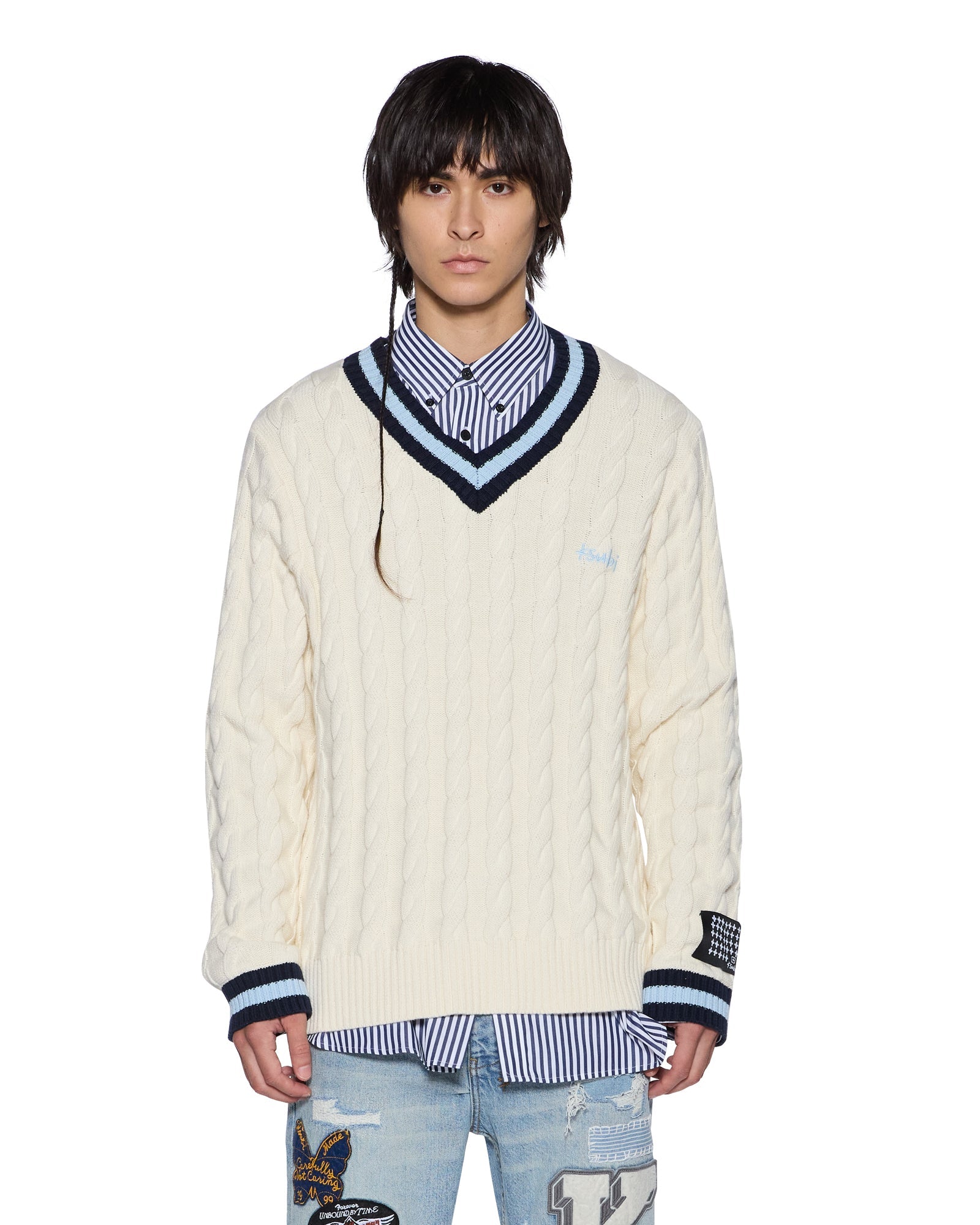 MENS  PRINCETON CABLE KNIT V NECK VINTAGE WHITE BOXY KNITWEAR