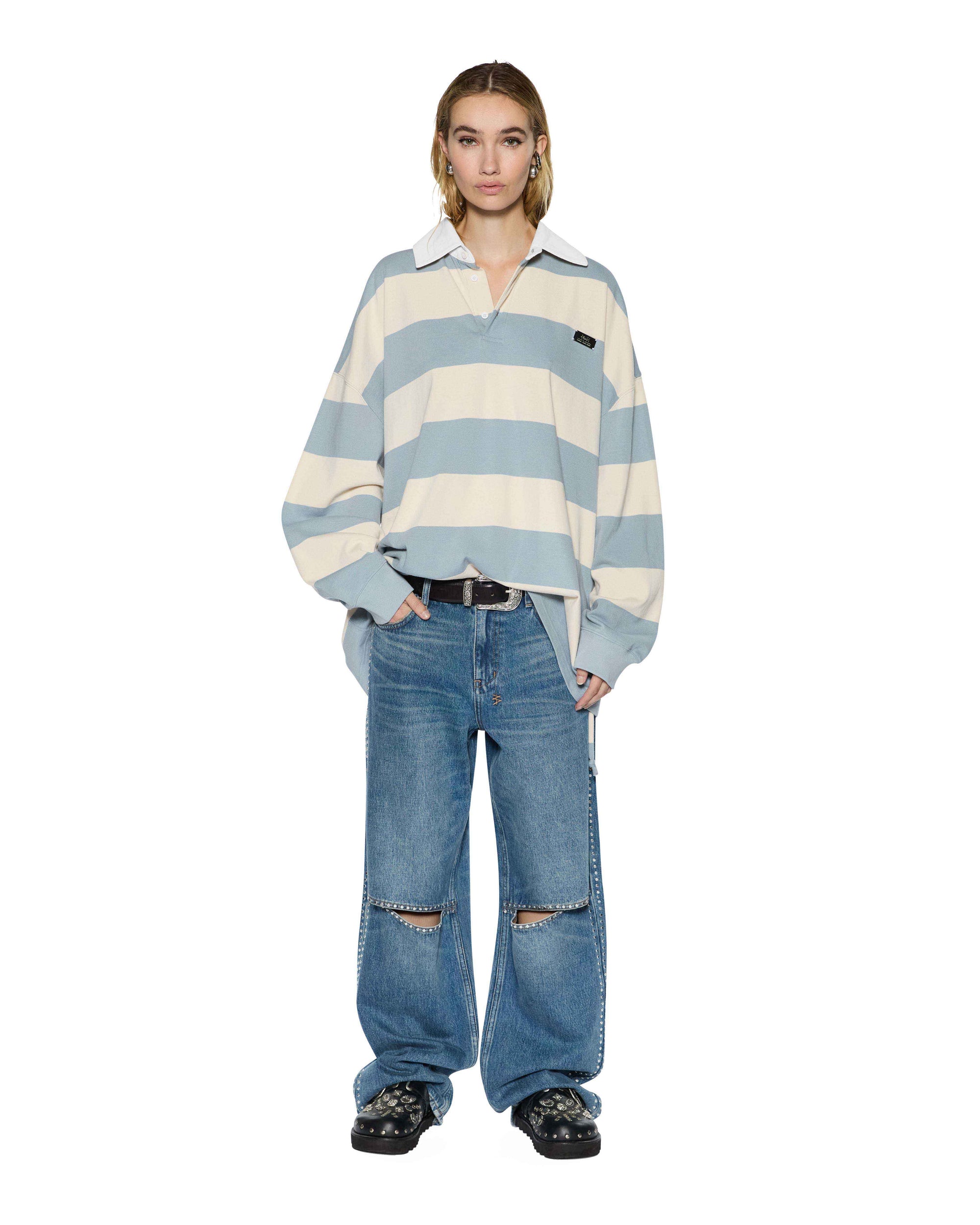 WOMENS  RUGGED RUGBY JERSEY BLUE STEEL BONE RELAXED TEES