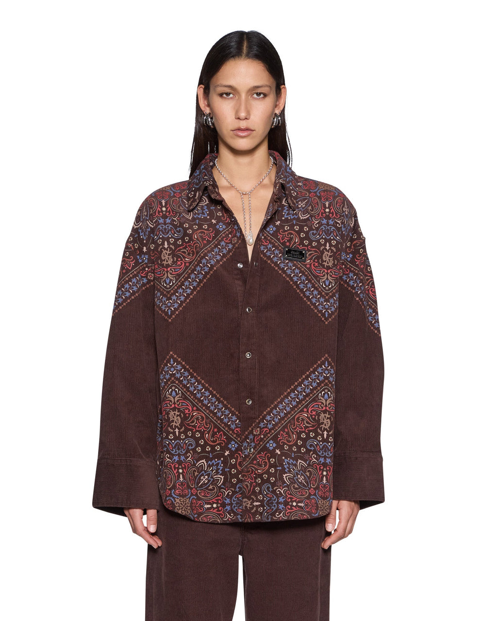 Womens Astra Shirt Folk Bandana Oversized Shirts - Brown