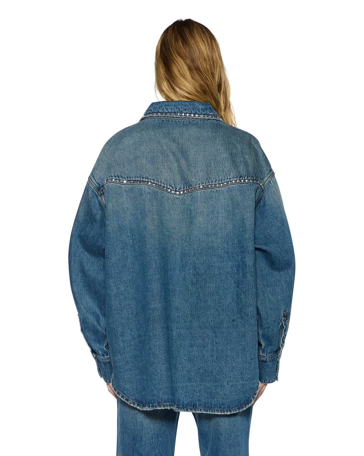 WOMENS OVERSIZED LS SHIRT TEXAS BLUE STUDDED SHIRTS