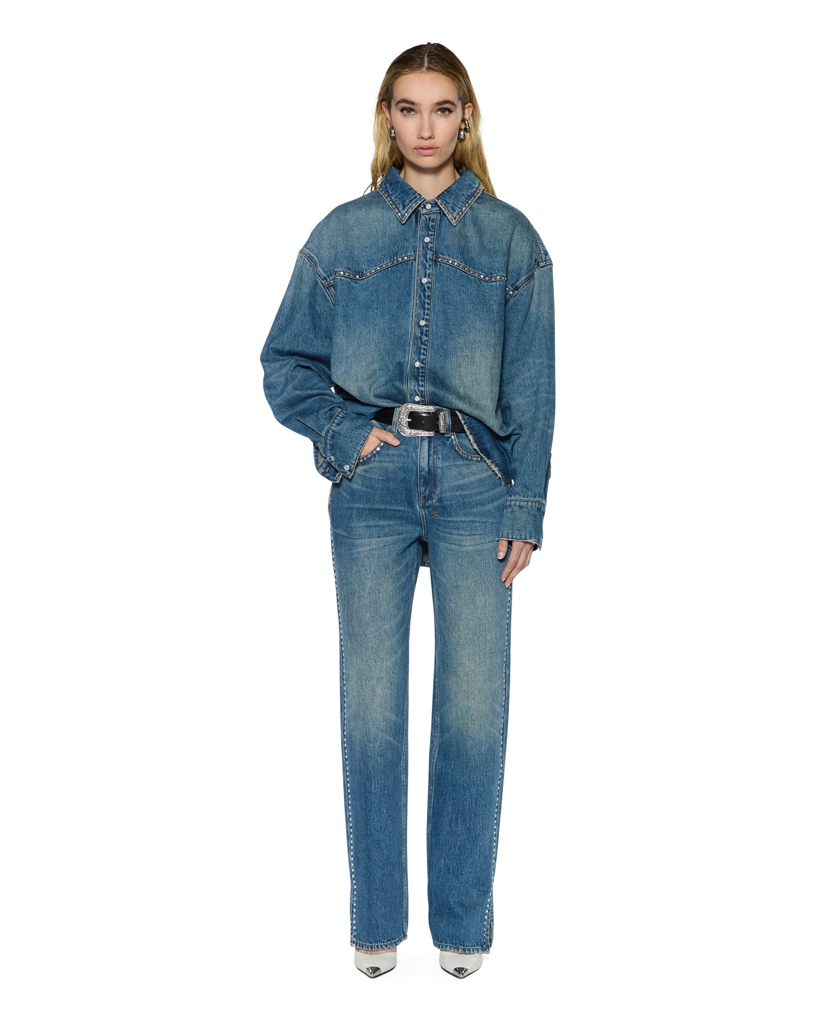 WOMENS  OVERSIZED LS SHIRT TEXAS BLUE STUDDED OVERSIZED SHIRTS