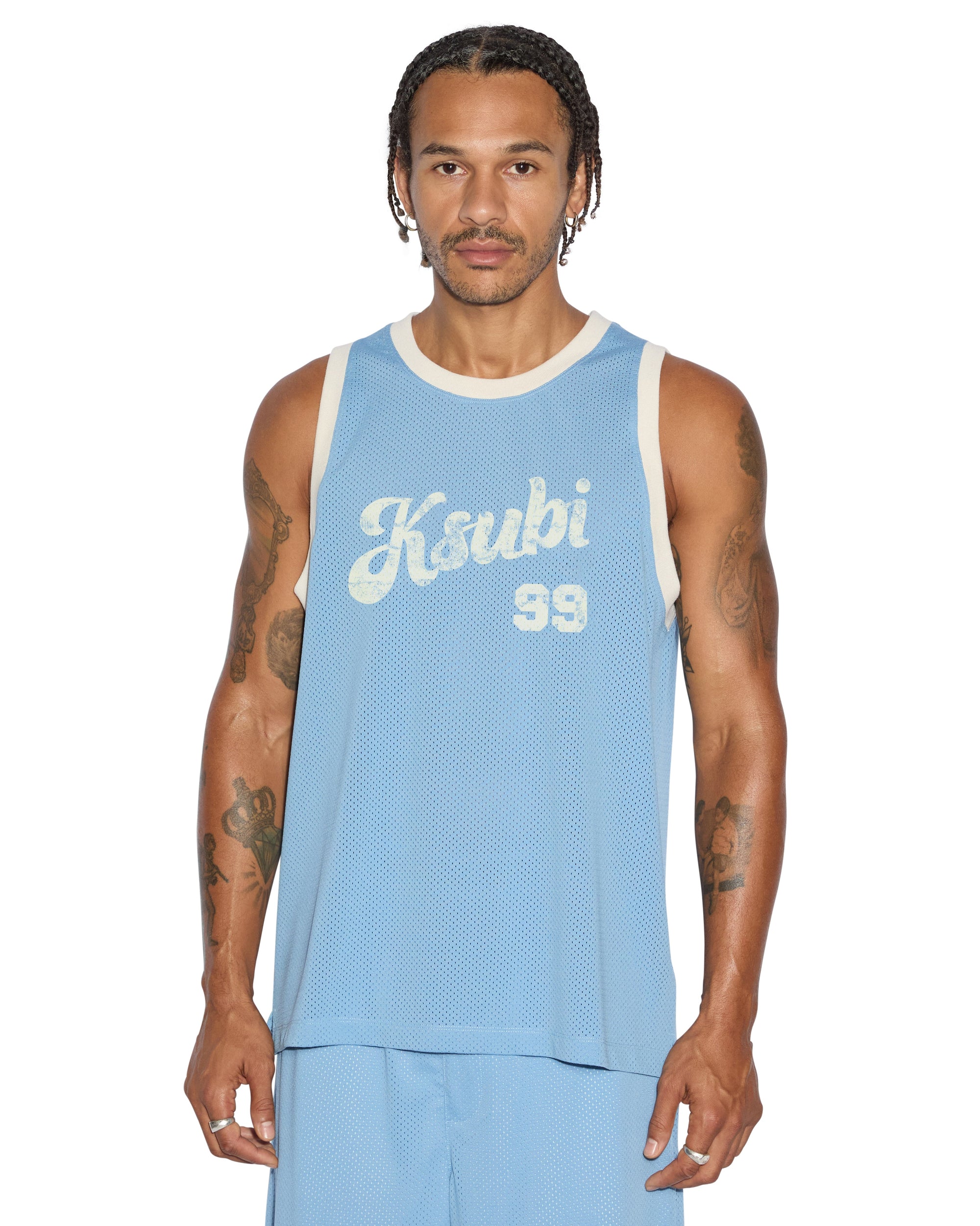 MENS CLUBHOUSE PICK UP SINGLET BLUE BOXY FASHION TOPS