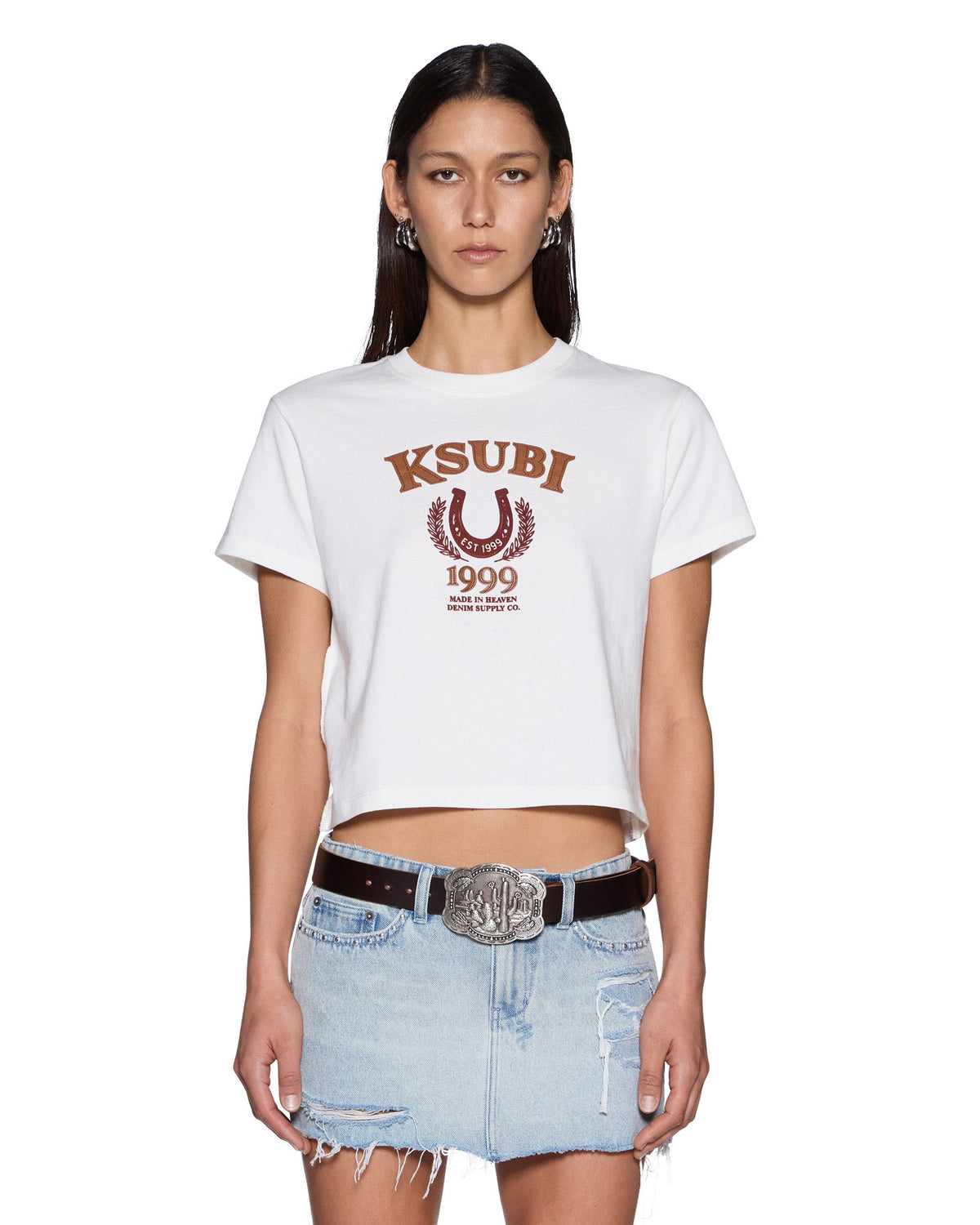 Womens Ksubi Ranch Shrunken Ss Tee Vintage White Fitted Tees - Beige