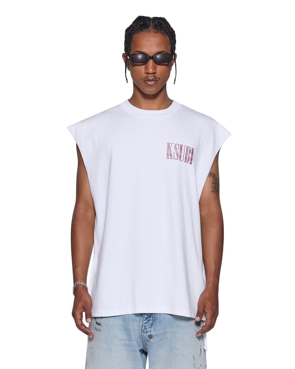Mens Realm Cut Off Tru White Oversized Tees - White