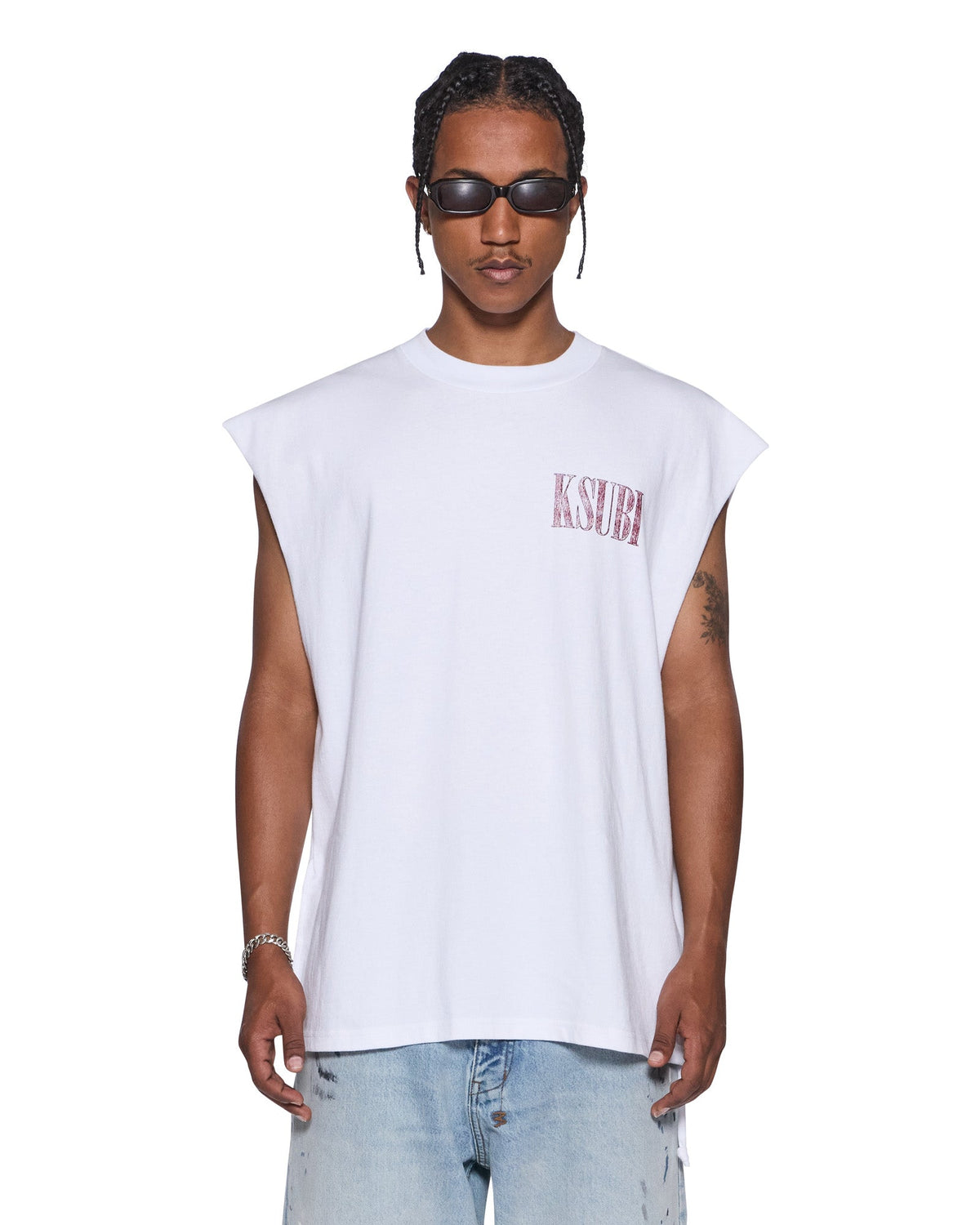 Mens Realm Cut Off Tru White Oversized Tees - White