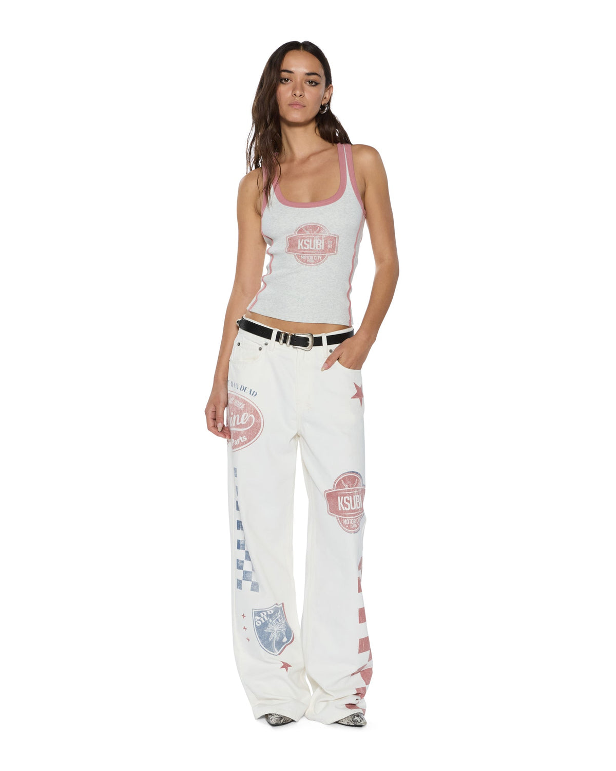 WOMENS PITT LANE ORIGIN TANK SNOW MARLE/RED FASHION TOPS