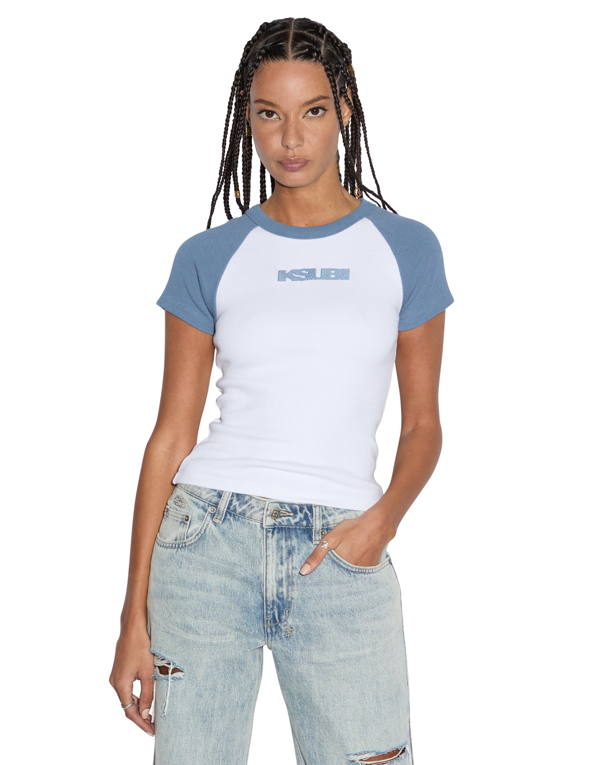 WOMENS  KSB BABY RINGER SS TEE CHARCOAL/WHITE FITTED TEES