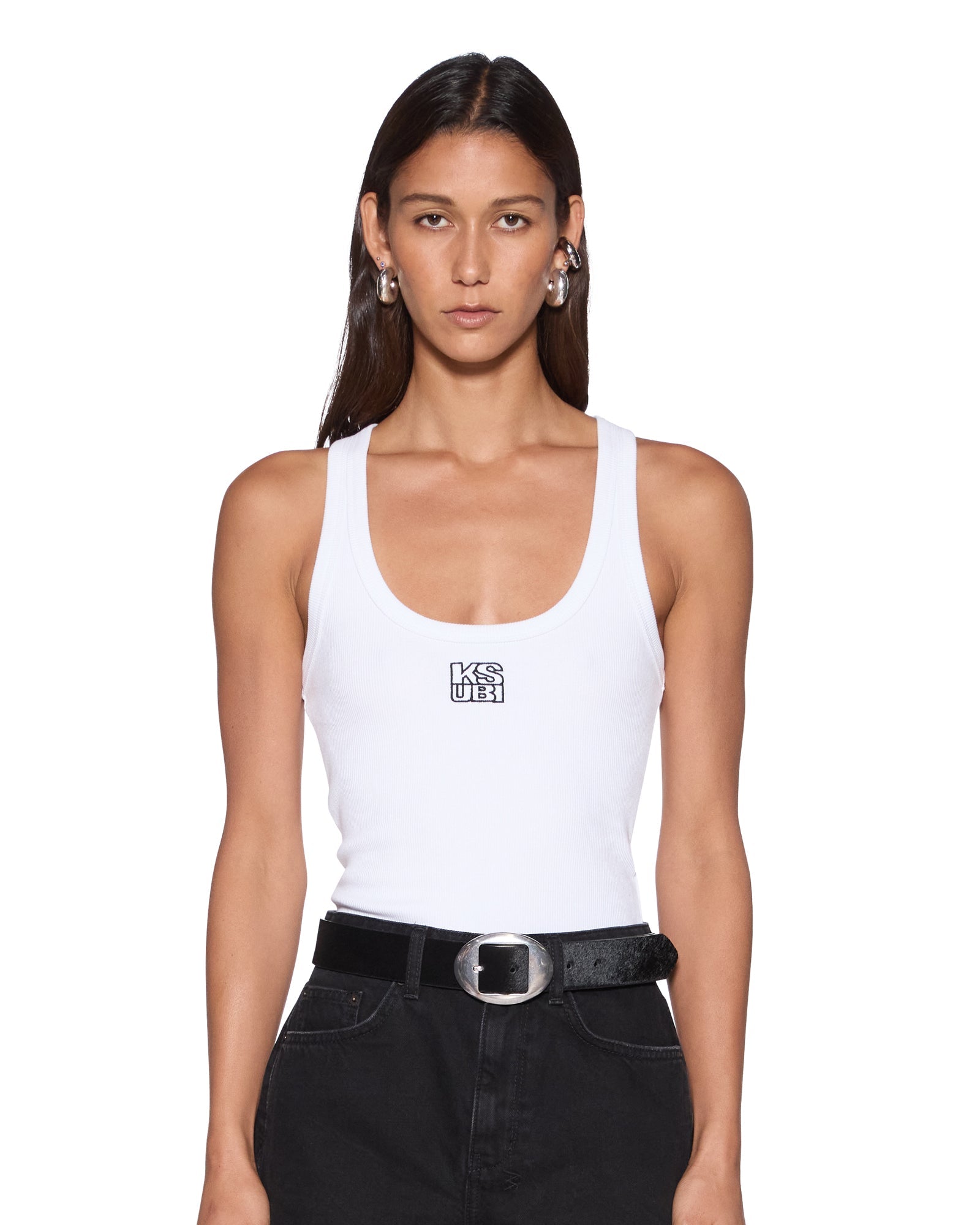 WOMENS STACKED ORIGIN TANK WHITE FITTED FASHION TOPS