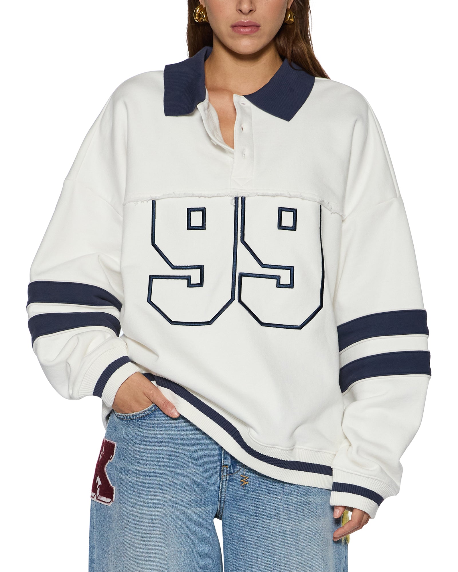 WOMENS  99 BOYFRIEND POLO SWEATSHIRT VINTAGE WHITE OVERSIZED FLEECE