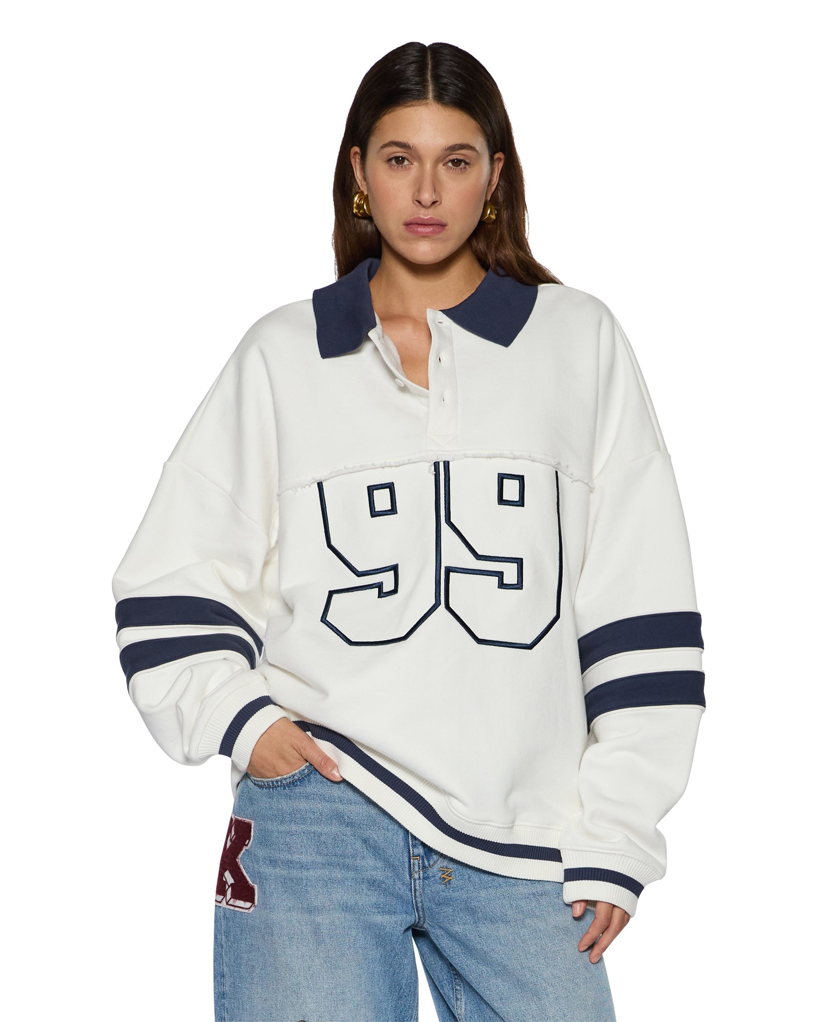 WOMENS  99 BOYFRIEND POLO SWEATSHIRT VINTAGE WHITE OVERSIZED FLEECE