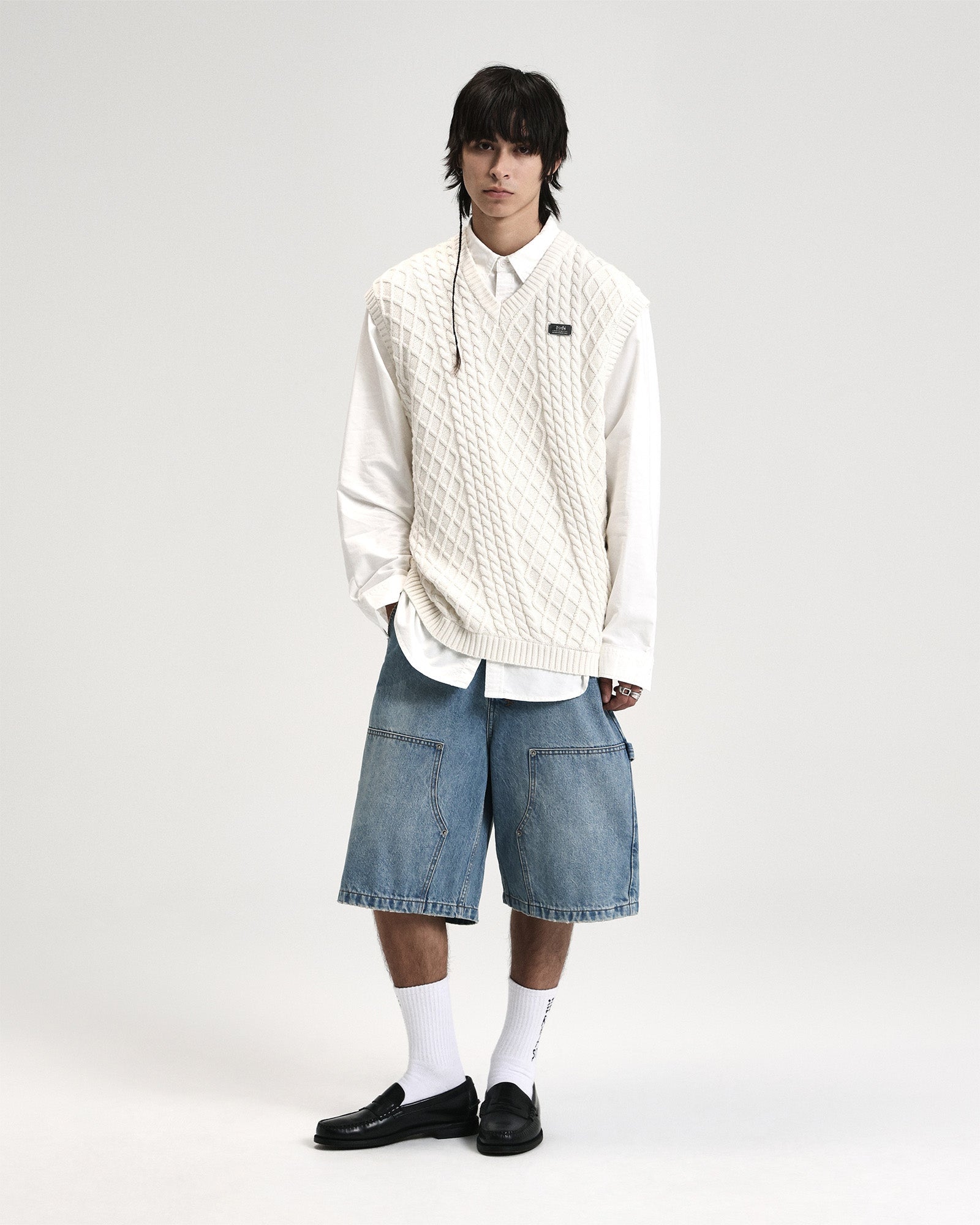 MENS  TURNCABLE KNIT VEST VINTAGE WHITE OVERSIZED KNITWEAR