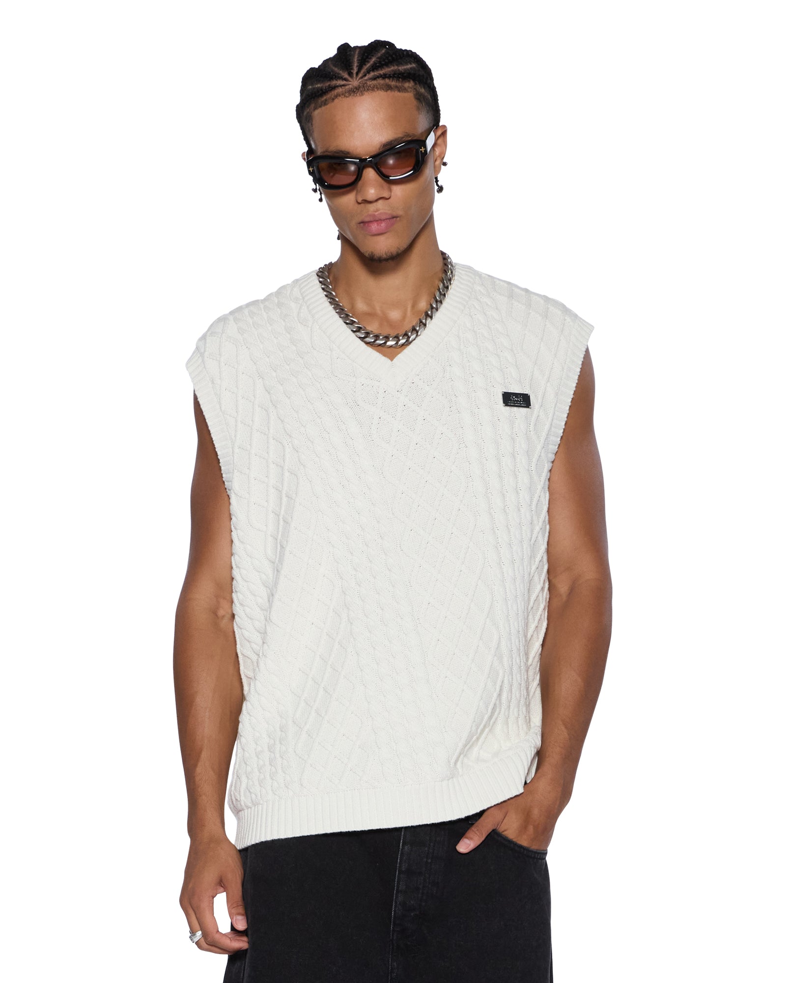 MENS  TURNCABLE KNIT VEST VINTAGE WHITE OVERSIZED KNITWEAR