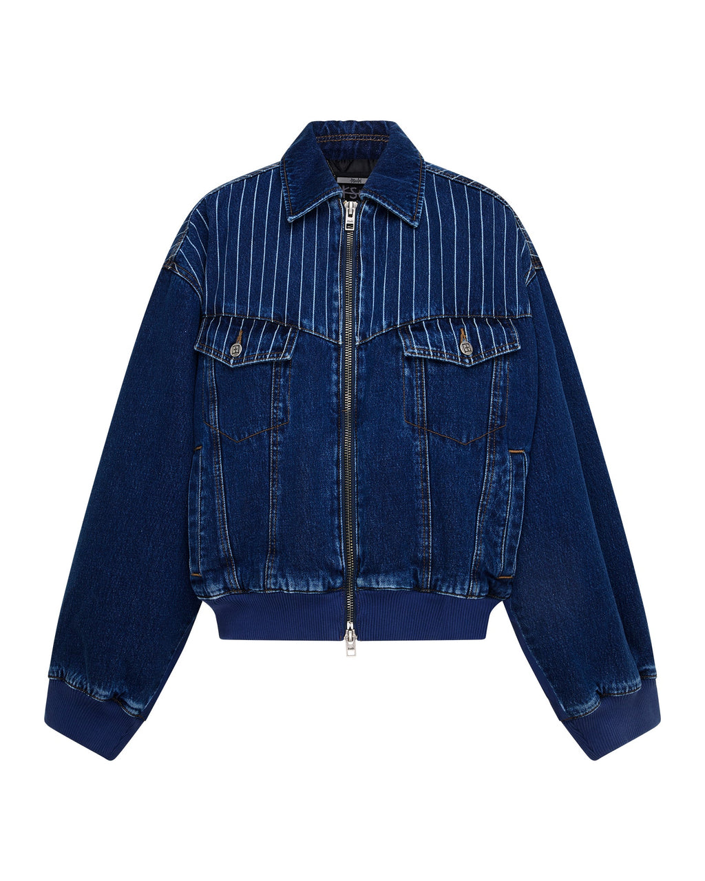 Womens District Bomber Mayfair Blue Spliced Oversized Jackets - Denim